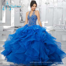 Dos piezas de lentejuelas Beading Ball Gowns Blue Puffy Quinceanera Vestidos